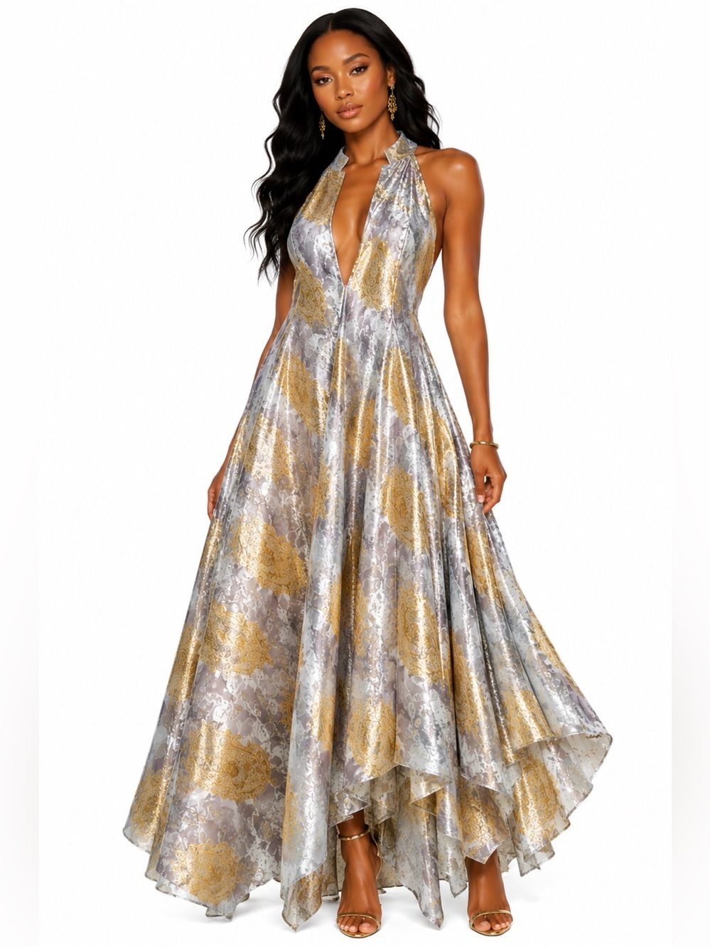 Foundrae Gray & Metallic Gold Silk Brocade High-Low Evening Dress 0